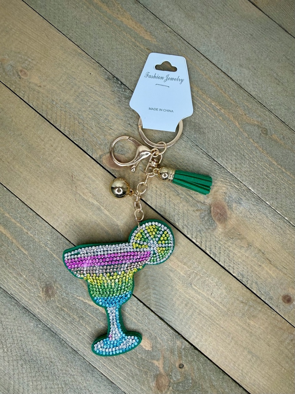 Rhinestone Margarita Bag Charm/Keychain with Green Tassel